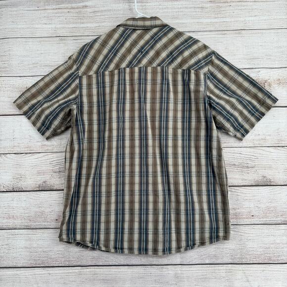REI Button Down Vented Organic Cotton Shirt Mens Large Blue Beige Striped - Picture 2 of 8